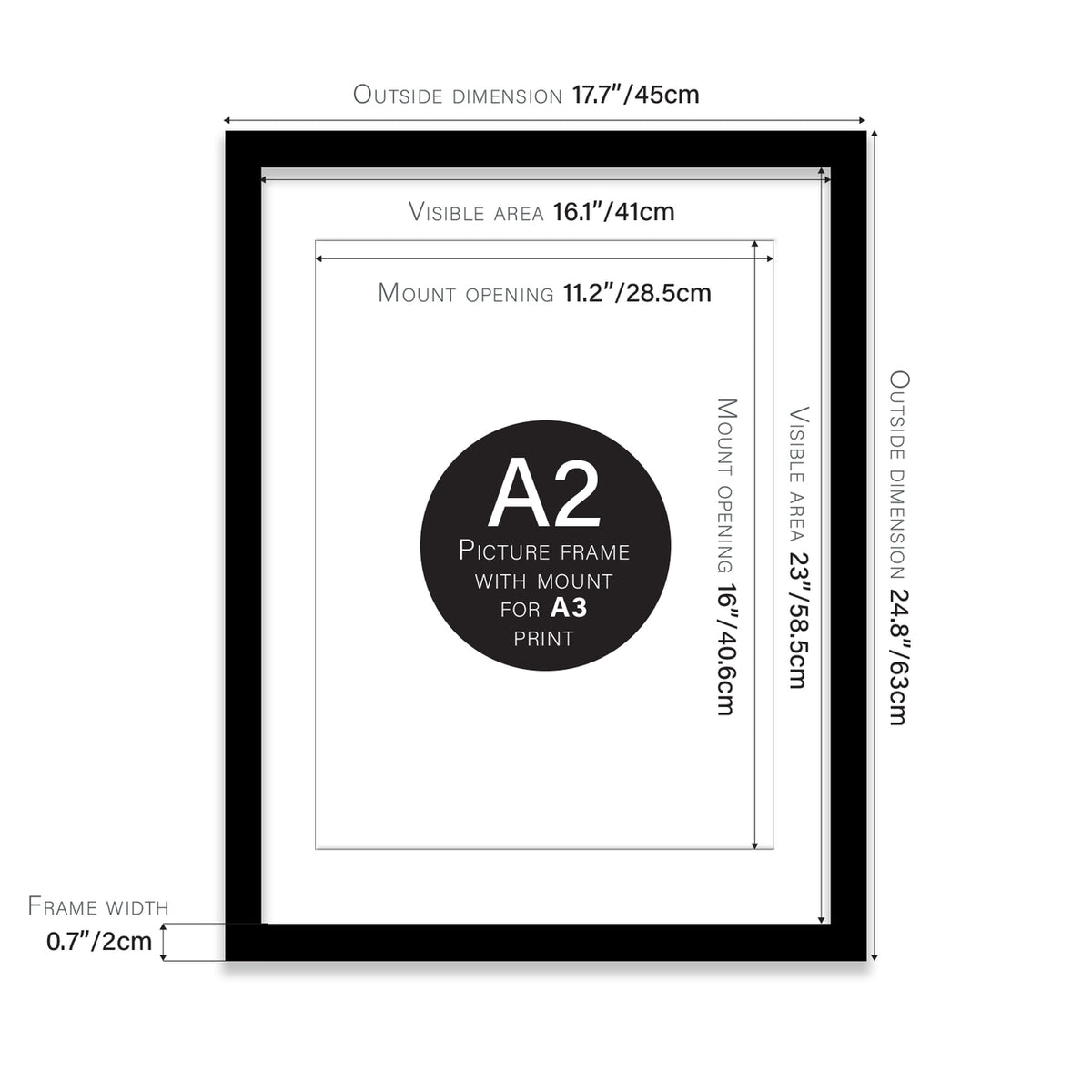 Black A2 Picture Frame with Mount For A3